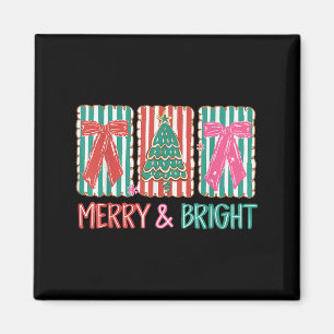 Retro Coquette Bow Merry And Bright Christmas Tree Magnet