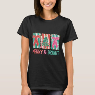 Retro Coquette Bow Merry And Bright Christmas Tree T-Shirt
