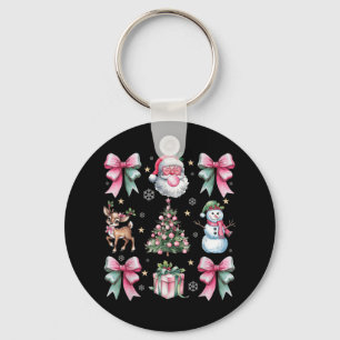 Retro Coquette Bow Pink Christmas Tree Snowman Xma Key Ring