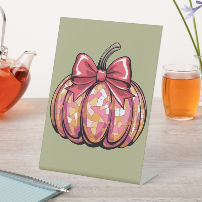Retro Coquette Bow Pumpkin Fall Vibes Season Pedestal Sign (In SItu)