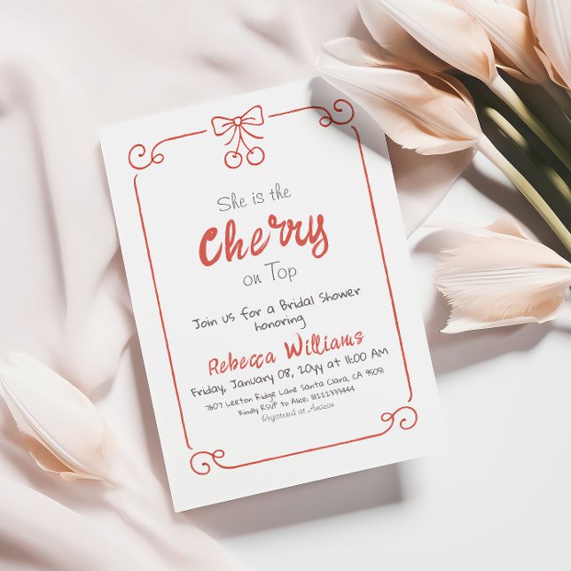 Retro Coquette Cherry on Top Bow Bridal Shower Invitation (Creator Uploaded)