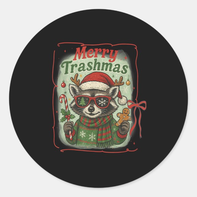 Retro Coquette Merry Trashmas Racoon Christmas Cu Classic Round Sticker (Front)