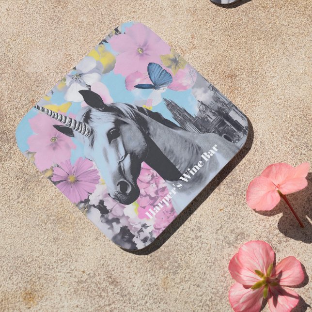Retro Coquette Pink and Blue Unicorn Collage Coaster (Creator Uploaded)