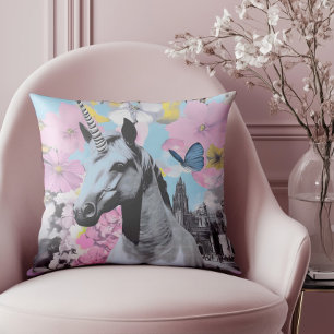 Retro Coquette Pink and Blue Unicorn Collage Cushion
