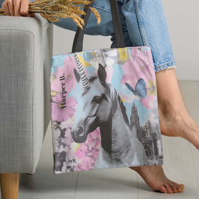 Retro Coquette Pink and Blue Unicorn Collage Tote Bag (Perfect for adding a playful yet sophisticated charm, this tote bag design enhances any ensemble.)