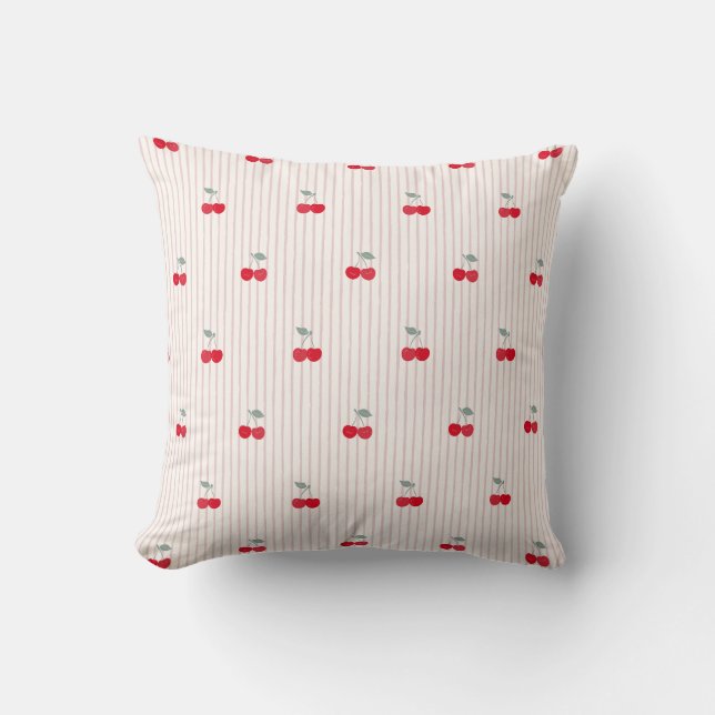 Retro Coquette Red Cherries & Pinstripe Sweetheart Cushion (Front)