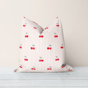 Retro Coquette Red Cherries & Pinstripe Sweetheart Cushion