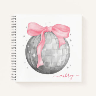 Retro Coquette Silver Disco ball Pink Ribbon Notebook