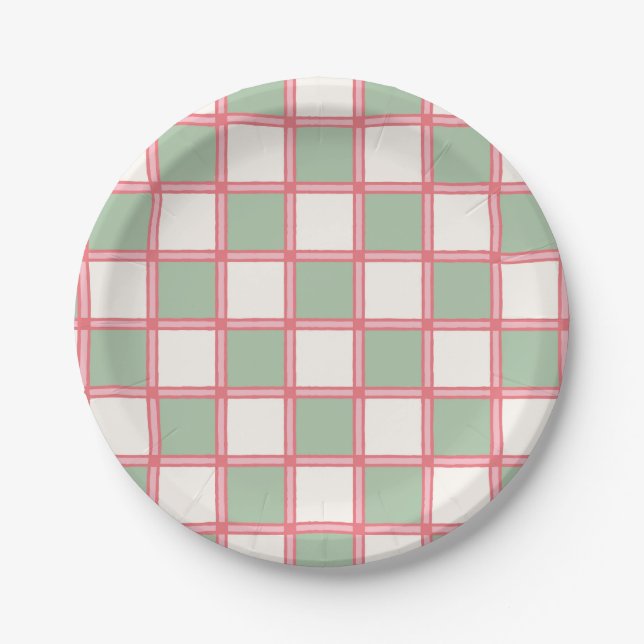 Retro Coral and Green Checkers Paper Plate (Front)