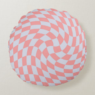 Retro Coral Blue Checks Warped Chequered Dorm Round Cushion
