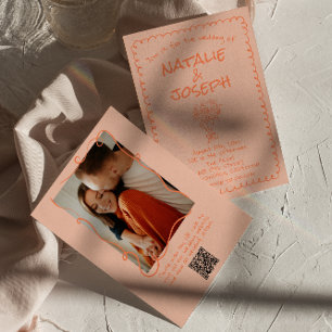 Retro Coral Drawn Quirky Photo QR Code Fun Wedding Invitation