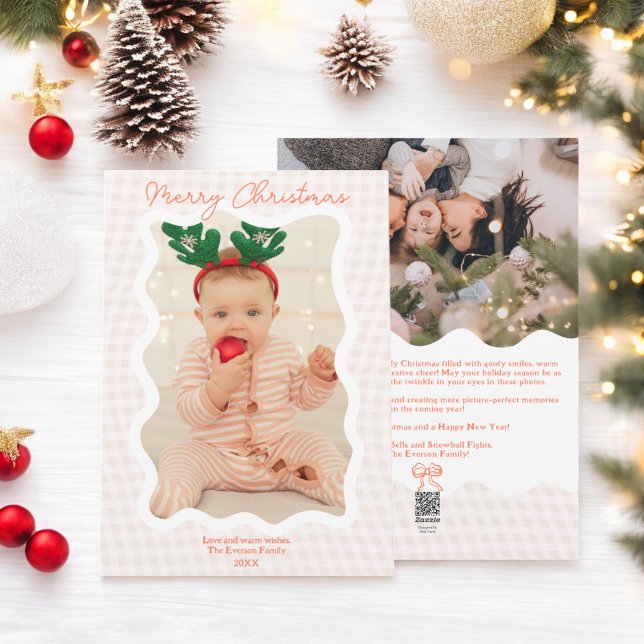 Retro coral Gingham Merry Christmas Wavy 2 photos Holiday Card (Retro coral Gingham Merry Christmas Wavy 2 photos Holiday Card)