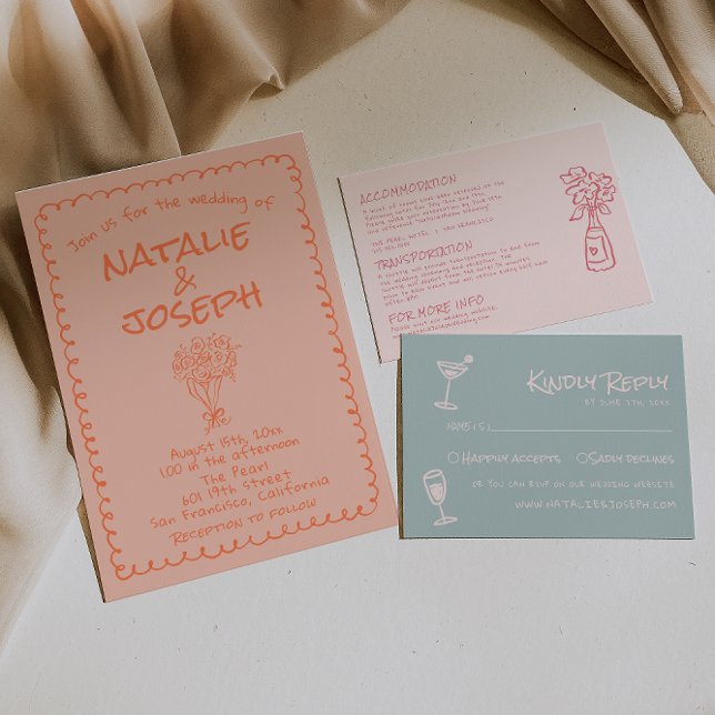 Retro Coral Hand Drawn Written Quirky Fun Wedding Invitation (Creator Uploaded)