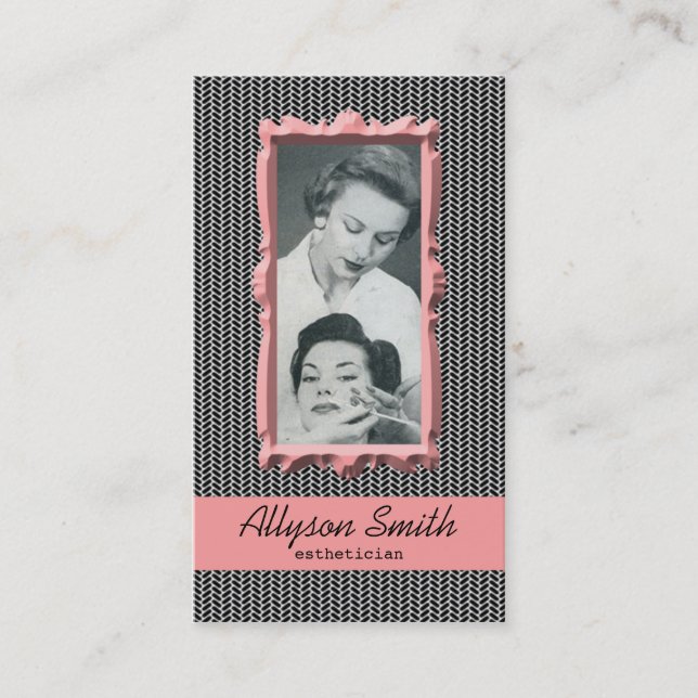 Retro Coral Houndstooth Aesthetician Business Card (Front)