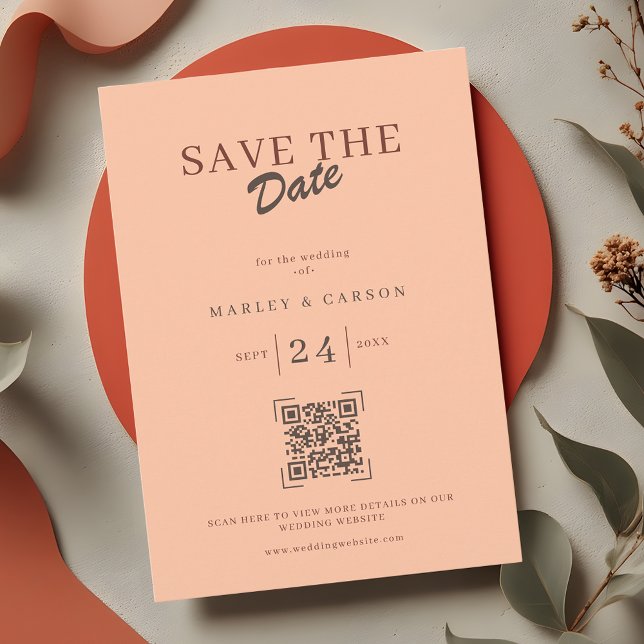 Retro Coral Peach QR Code Save The Date Wedding Invitation (Creator Uploaded)