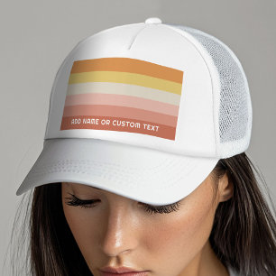 Retro Coral Sunset Stripes Minimal Sans Serif Name Trucker Hat