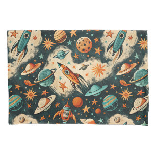 Retro Cosmic Rocket Comic Teal Gold Starburst Pillowcase