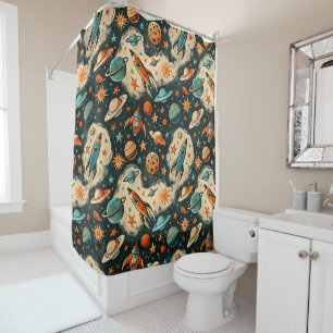 Retro Cosmic Rocket Comic Teal Gold Starburst Shower Curtain