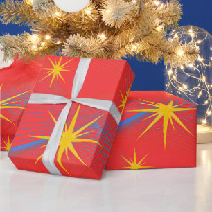 Retro Cosmic Starburst Neon Waves Wrapping Paper