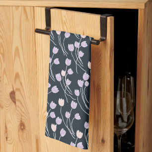 Retro Cottage Sketchy Tulip Floral Midnight Garden Tea Towel
