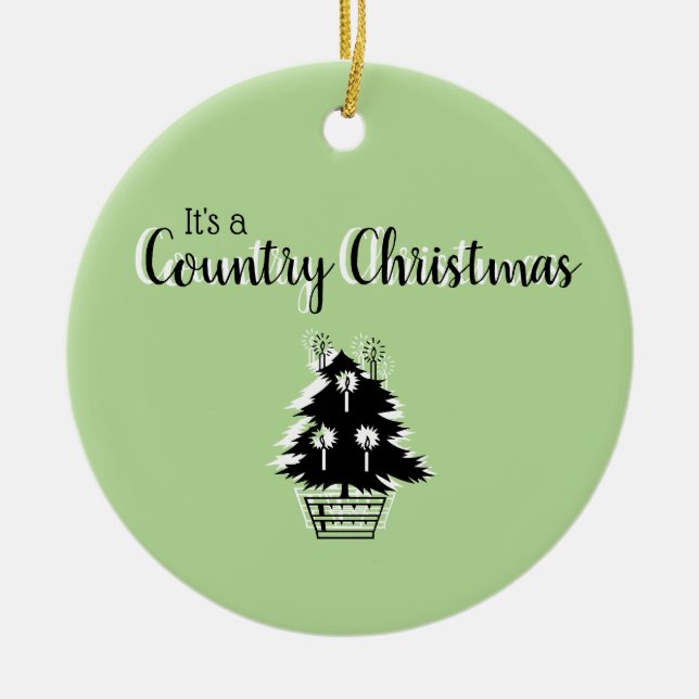 Retro Country Christmas Tree Green Ceramic Ornament (Front)