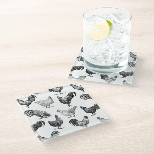 Retro Country Farm Chicken Pattern Glass Coaster (Angled)
