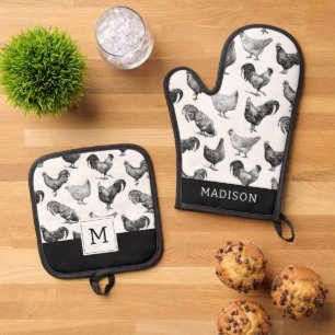 Retro Country Farm Chicken Pattern Oven Mitt & Pot Holder Set