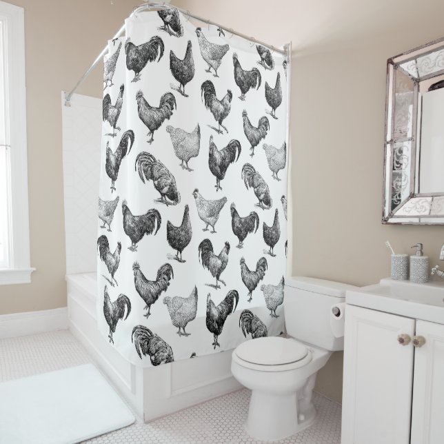 Retro Country Farm Chicken Pattern Shower Curtain (In Situ)