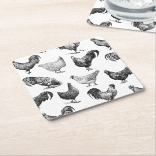 Retro Country Farm Chicken Pattern Square Paper Coaster