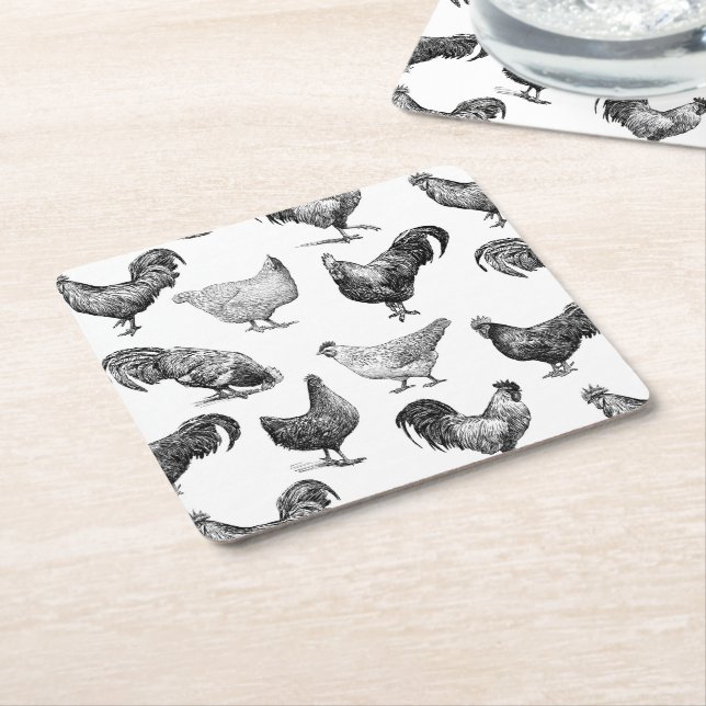 Retro Country Farm Chicken Pattern Square Paper Coaster (Angled)