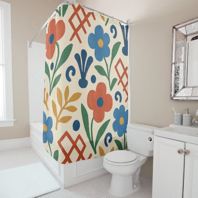 Retro Country Floral Trellis Pattern Shower Curtain (In Situ)