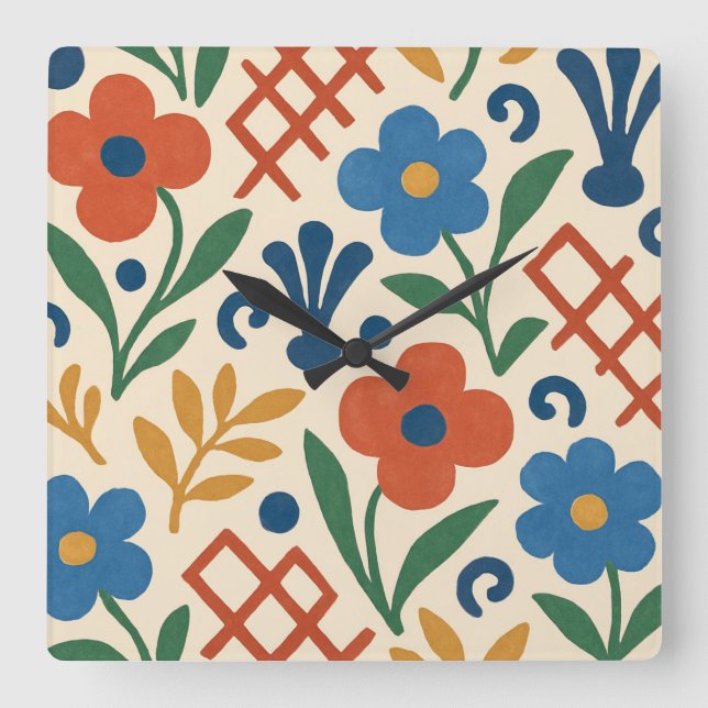 Retro Country Floral Trellis Pattern Square Wall Clock (Front)