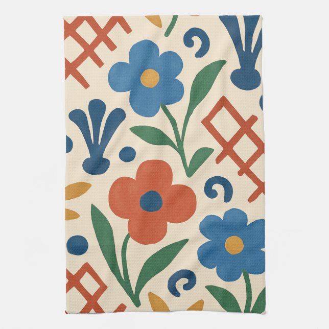 Retro Country Floral Trellis Pattern Tea Towel (Vertical)