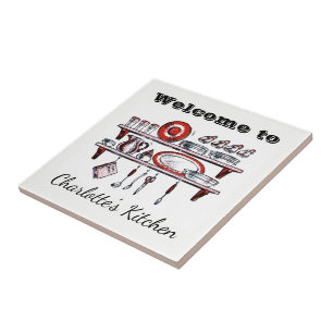Retro Country Kitchen Personalised Name Welcome Ceramic Tile