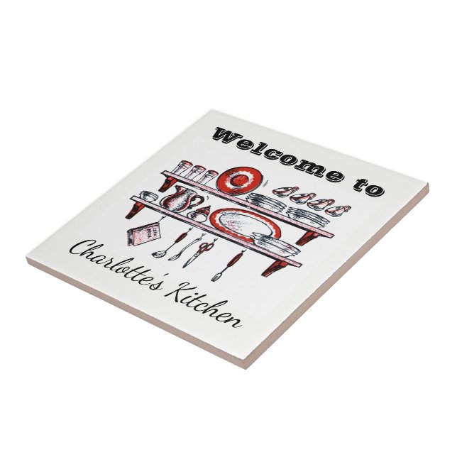 Retro Country Kitchen | Personalised Name Welcome Ceramic Tile (Side)