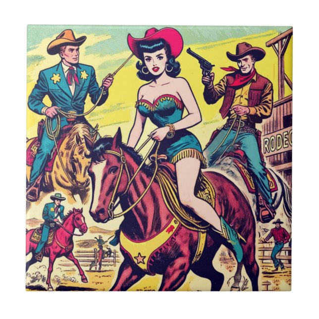 Retro Country Western Comics Ceramic Tile (Front)