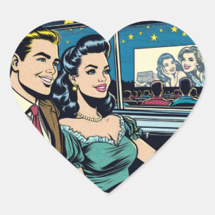 Retro Couple at Drive-In Movie Heart Sticker