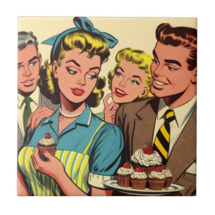Retro Couple Cupcake Comics Ceramic Tile