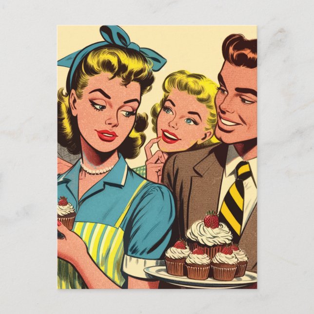 Retro Couple Cupcake Comics Postcard (Front)