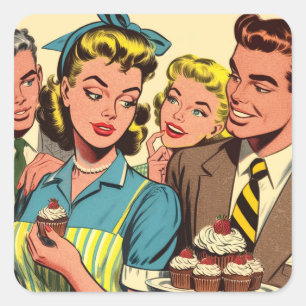 Retro Couple Cupcake Comics Square Sticker