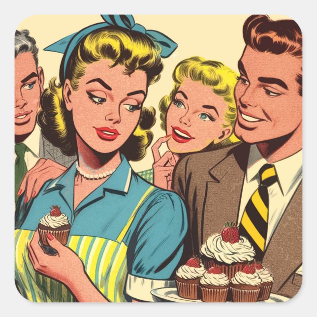 Retro Couple Cupcake Comics Square Sticker (Front)