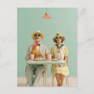 Retro Couple Dining with Chicken and Dog Postcard