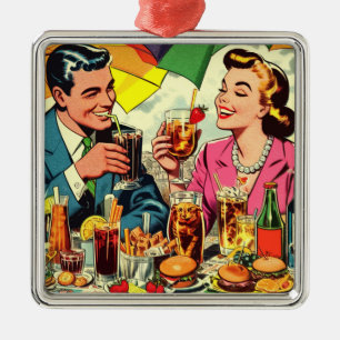 Retro Couple Drinks Comics Metal Ornament
