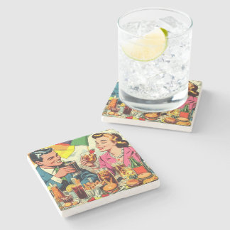 Retro Couple Drinks Comics Stone Coaster