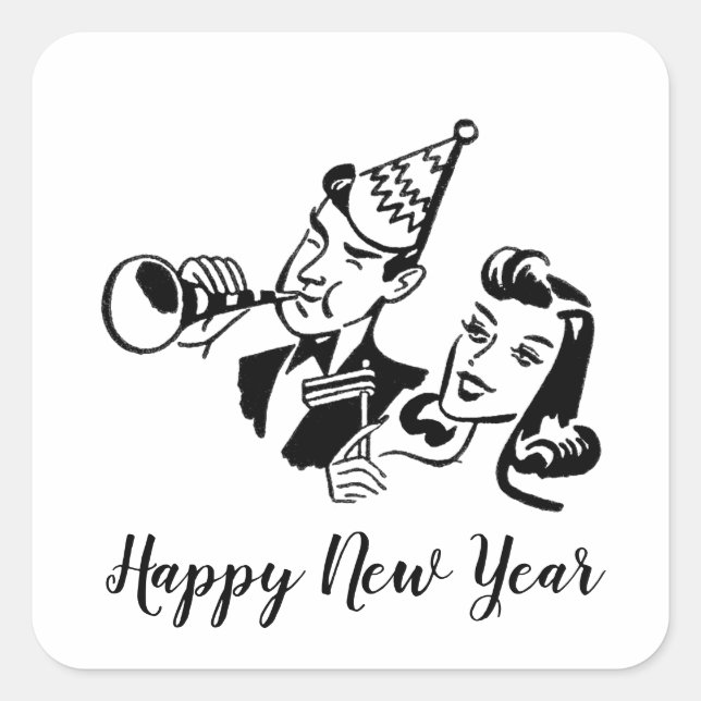 Retro Couple Happy New Year Square Sticker (Front)