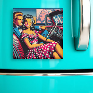 Retro Couple in Car at Drive In Movie Magnet