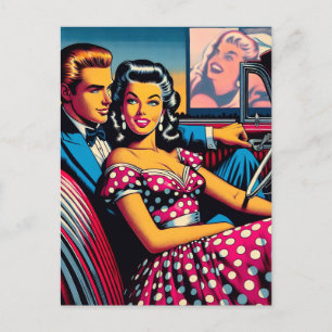 Retro Couple in Car at Drive In Movie Theatre Postcard