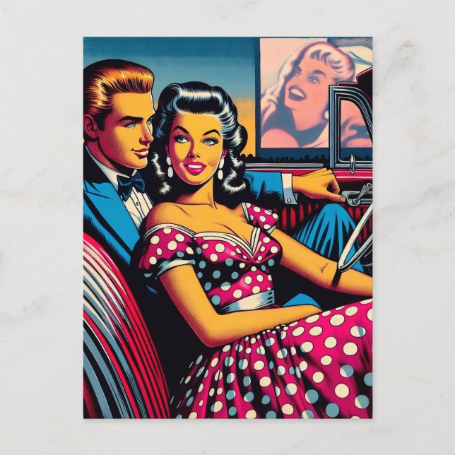 Retro Couple in Car at Drive In Movie Theatre Postcard (Front)