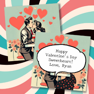 Retro Couple Kissing Pop Art Hearts Personalised Holiday Card