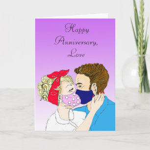 Retro Couple Kissing with Facemasks on Card